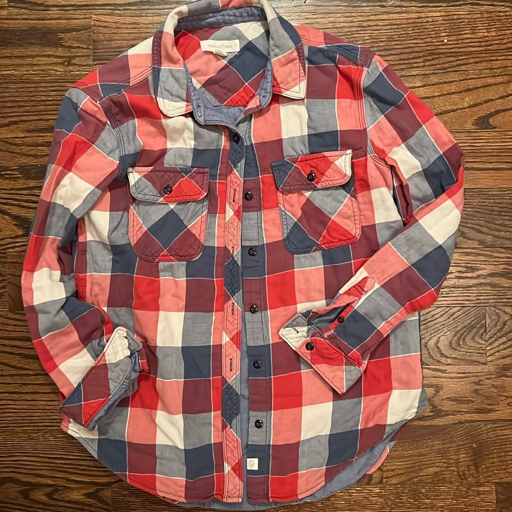 Treasure and bond checkered button down. Small. Chambray inside. Chest pockets.